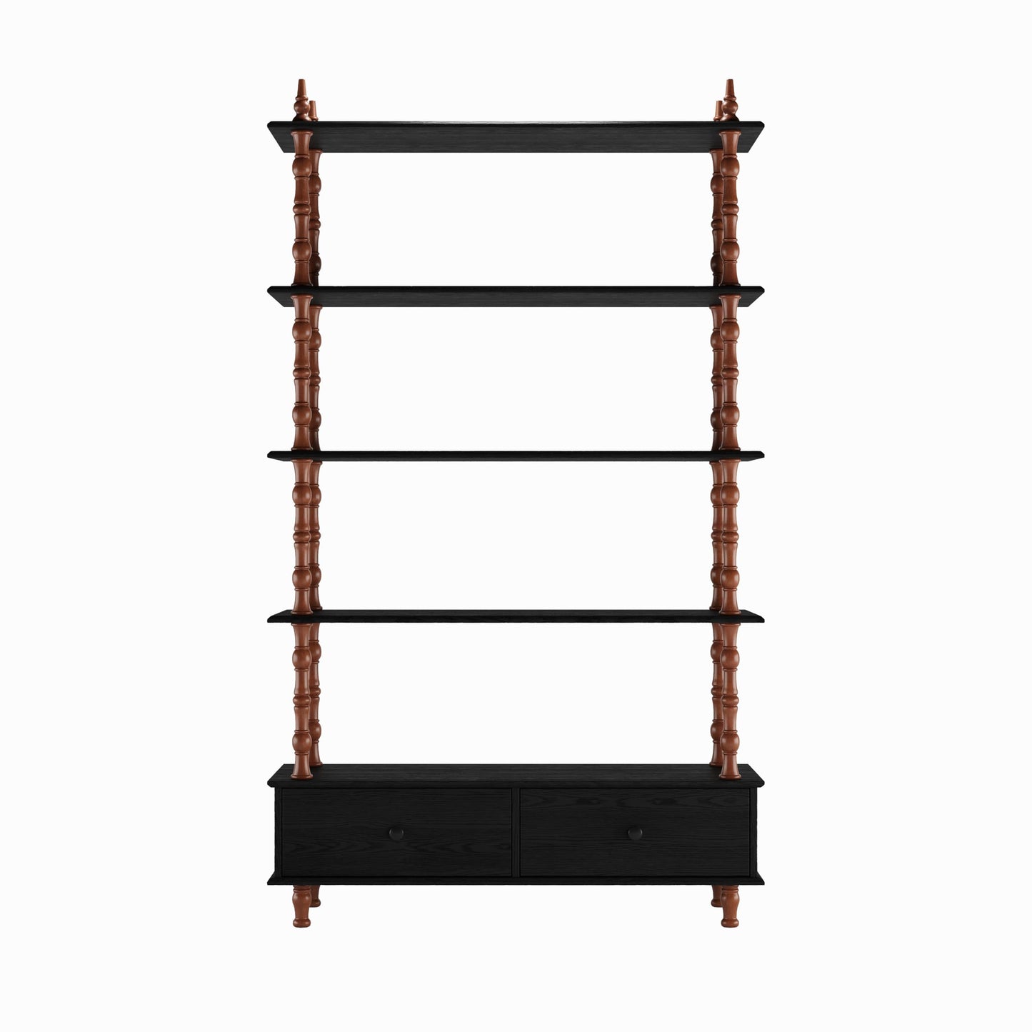 KEIKI 74.4 Inch Bookcase Shelf, 5 Tier Wood Book Shelf, Large Open Shelves with Storage Drawers, Solid Wood Veneered Free Standing Shelves for Living Room, Study Room, Black
