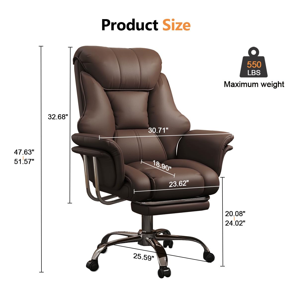 SJZNOI Big and Tall Office Chair Wide Seat Ergonomic Leather Executive Desk Chair with Leg Rest, Heavy-Duty 550 lbs Adjustable Height Computer Gaming Chairs