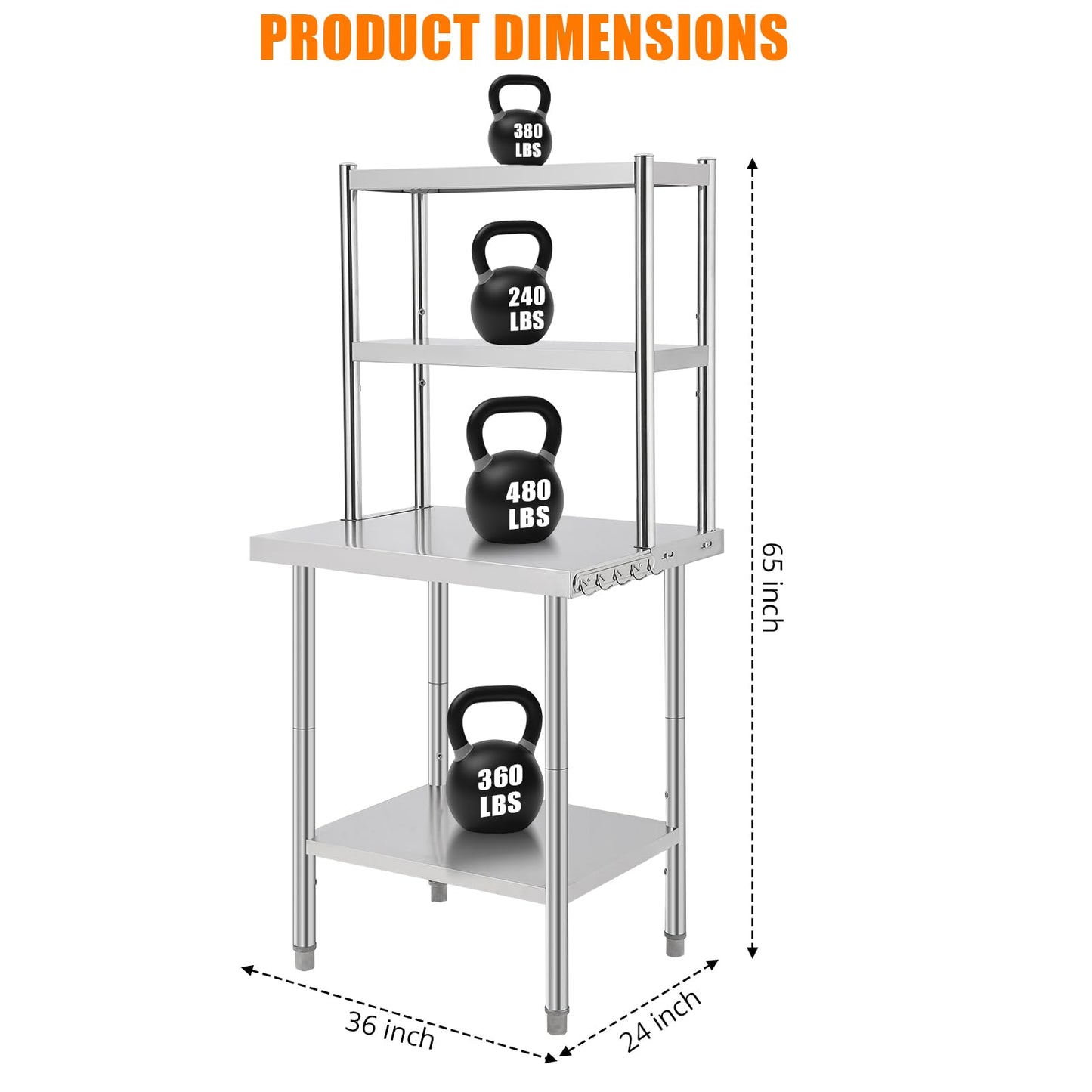 EliteEdge Commercial Stainless Steel Prep Table with Adjustable Shelves and Side Hooks, 36" X 24" Heavy Duty Workstation for Restaurant, Kitchen, or Workshop