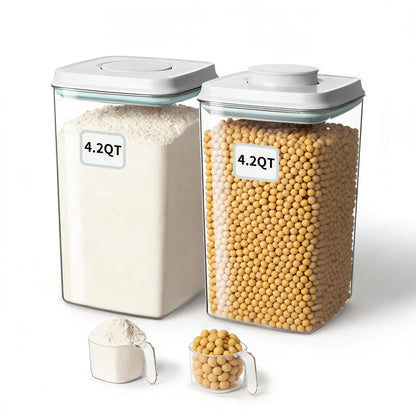 EQI Airtight Food Storage Containers Set with One-Touch Lid, 2-Pack (4.22 QT / 4.0 L) Tall Stackable Durable PET for Bulk Rice, Flour & Baking Essentials Organizer.