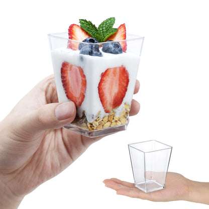 SHOPDAY 5 oz Plastic Dessert Cups 50 Pack Small Clear Square Parfait Cups with Spoons, Mini Plastic Tumbler Serving Cups for Tasting Party Appetizers Mousse Yogurt