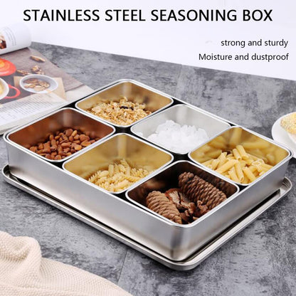 Stainless Steel Seasoning Box with Lid and Holder Tray, 6 Compartments Rectangle Masala Dabba Spice Container, Indian Masala Box Organizer Set for Kitchen Condiment Storage (6 Compartments)