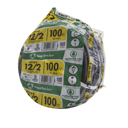 Southwire 12/2 UF B Wire with Ground, 100 ft, Gray Solid Copper Direct Burial Cable for Outdoor & Underground Use, 600V