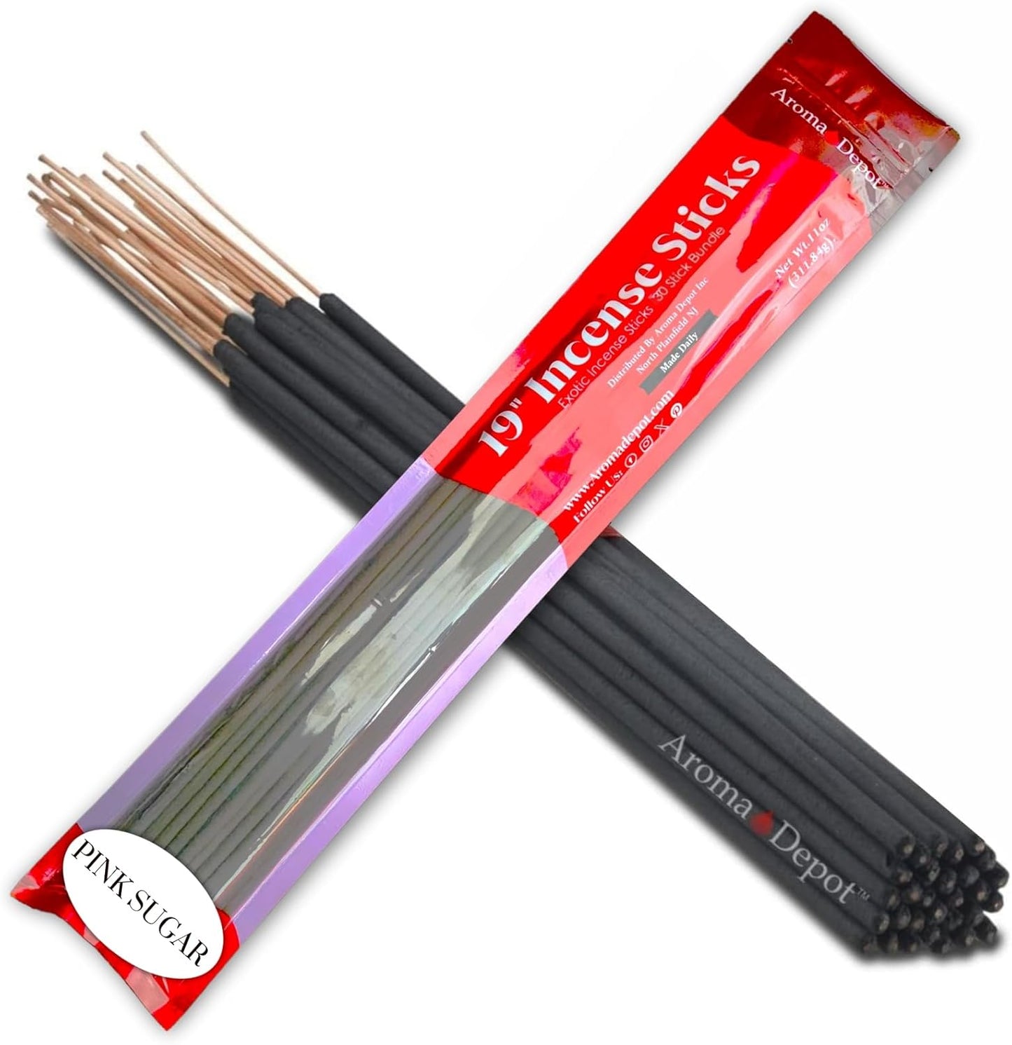 Aroma Depot 19'' Pink Sugar Incense Sticks, Approx 27 to 30 Sticks Per Bundle, Each Burns 3 to 4 Hours