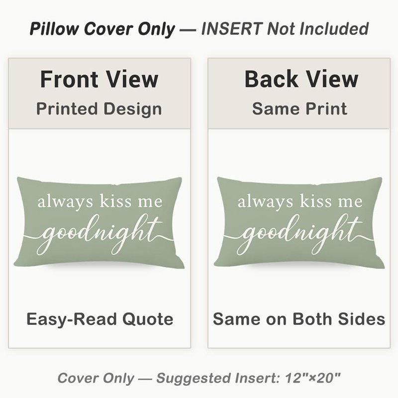 HERHOME Decorative Throw Pillow Cover 12x20 Inch, Always Kiss Me Goodnight Sage Green Lumbar Cushion Case for Bedroom Bed Sofa, Sweet Gifts for Couples Wedding Anniversary Spring Summer Home Decor