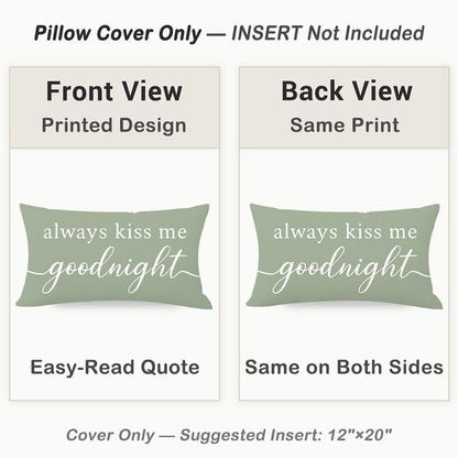 HERHOME Decorative Throw Pillow Cover 12x20 Inch, Always Kiss Me Goodnight Sage Green Lumbar Cushion Case for Bedroom Bed Sofa, Sweet Gifts for Couples Wedding Anniversary Spring Summer Home Decor
