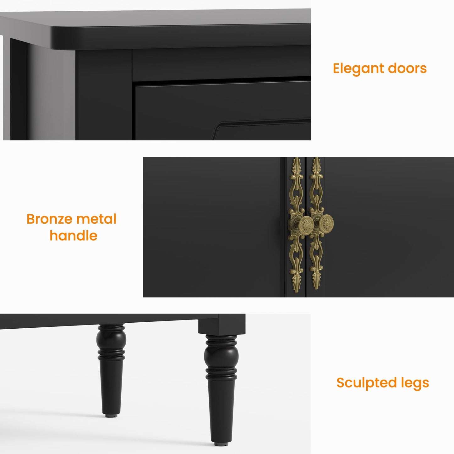 RoyalCraft Buffet Cabinet with 3 Doors, Mid-Century Modern Sideboard with Storage, Painted Wood Coffee Bar Table with Adjustable Shelves, Credenza Cabinets for Kitchen, Living Room, Dining Room, Black