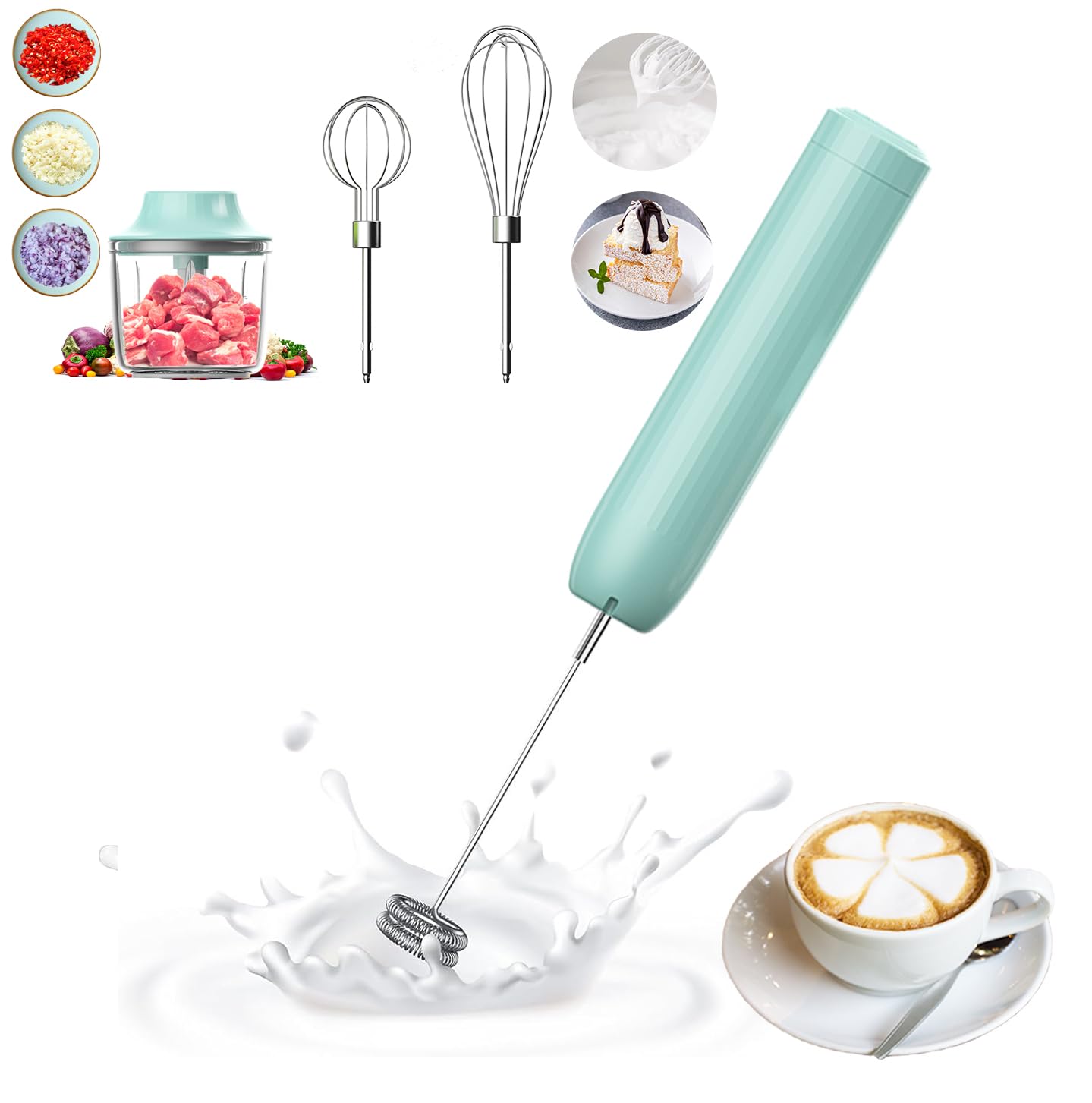4-in-1 Electric Hand Mixer, Electric Whisk, Mini Onion Chopper 10Oz, Small Cordless Hand Blender, Milk Frother Wand for Coffee, Matcha, 4 Speed Rechargeable Food Processor for Baby Food Maker