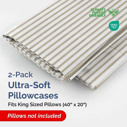 King Pillow Cases by [Brand Name] - Ultra Soft Hotel Quality Covers | Comfy, Wrinkle-Free, Beige Stripes - Set of 2
