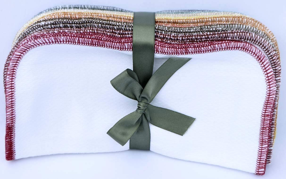Gina's Soft Cloth Shop 2 Ply 8x8 Inches White Cotton Birdseye Wipes Set of 20 with Earth Tone Edging, Made in the USA