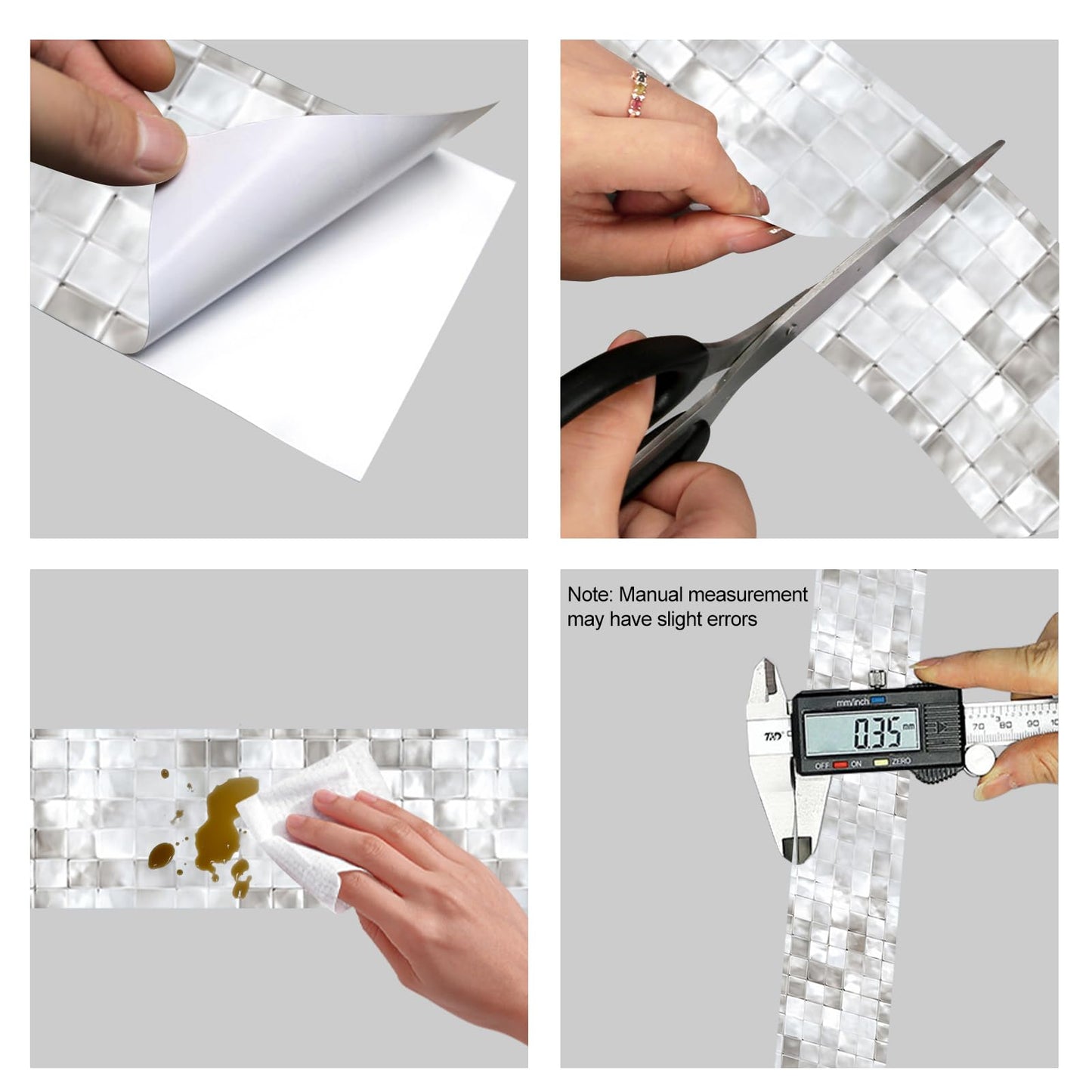HOMETITUTE Wallpaper Border Peel and Stick Decorative Wall Trim Self Adhesive Mosaic Accent Strip for Bathroom Kitchen Mirror Frame Bedroom Living Room 4x196 Inch Silver Tile Effect Design