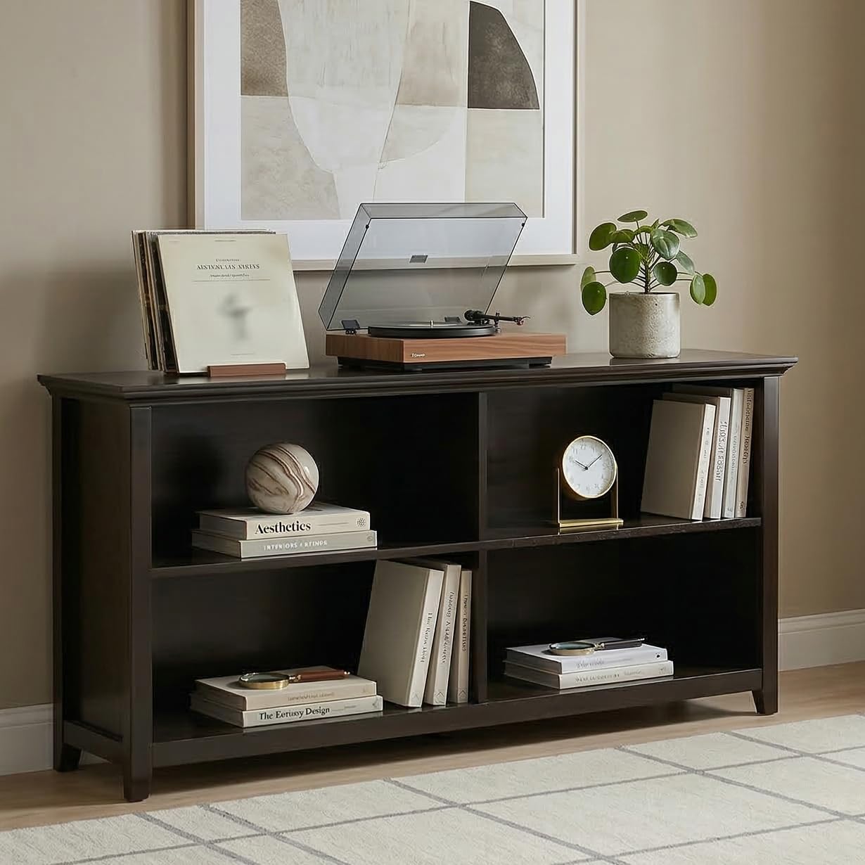 SIMPLIHOME Amherst Bookcase 30 in Tall 4-Shelf Solid Wood Low Bookshelf in Hickory Brown, Transitional Storage Console for Living Room, Entryway or Home Office with Adjustable Shelves & Tapered Legs