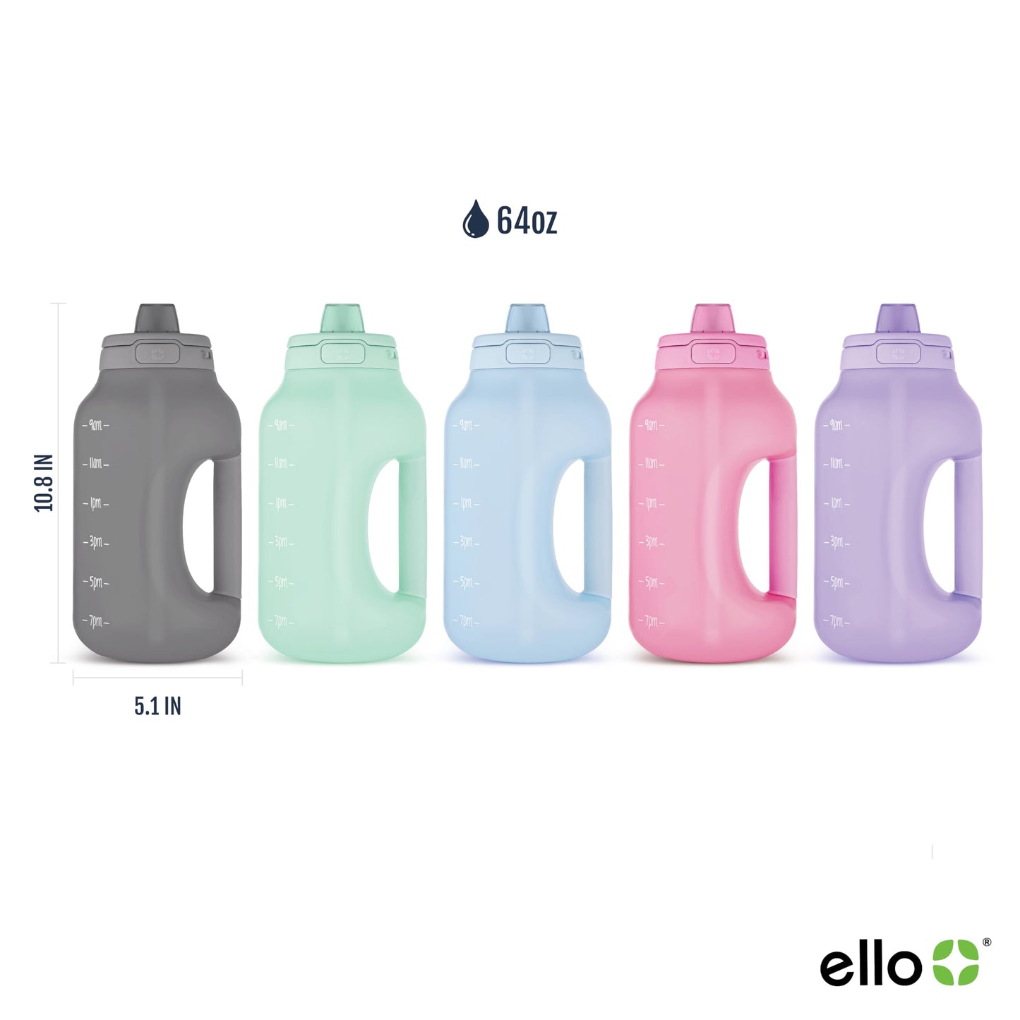 Ello Hydra 64oz Half Gallon Water Jug with Handle and Motivational Time Markers for All Day Hydration, Plastic Reusable Water Bottle with Straw and Locking, Leak Proof Lid, BPA Free, Halogen Blue
