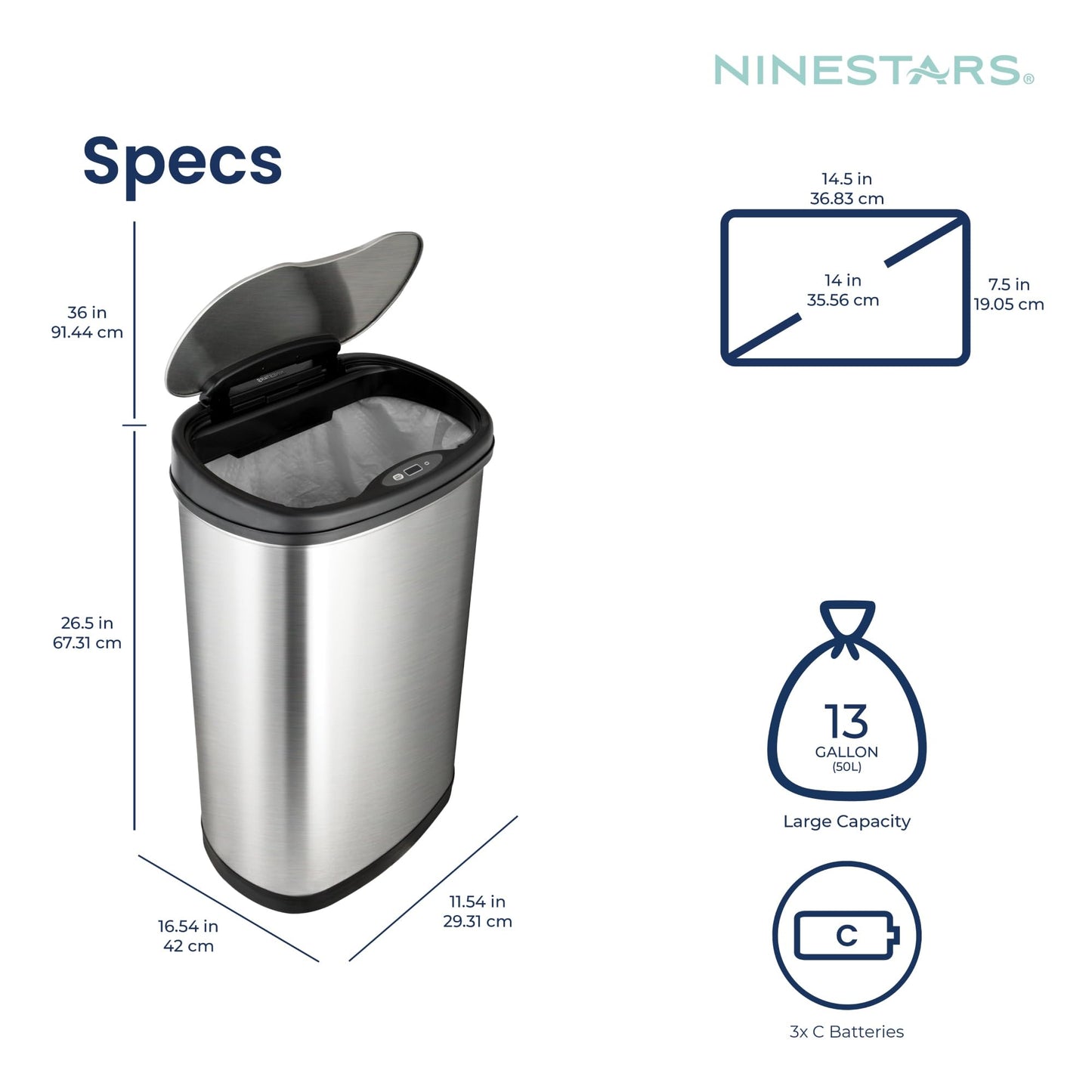 Ninestars 13 Gallon Oval Automatic Trash Can, 50L Touchless Motion Sensor Garbage Can with Odor-Sealing Lid & One-Touch Manual Mode, Silver Stainless Steel, Black Trim