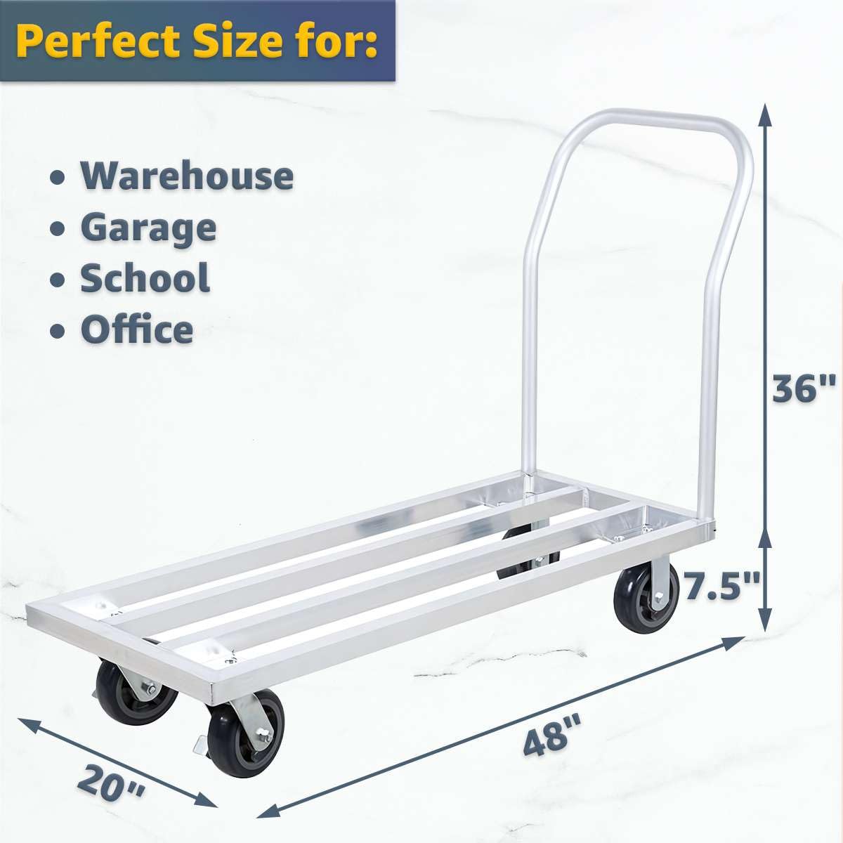 20" x 48" Mobile Aluminum Dunnage Rack - 1600 lb. Capacity with Handle, Heavy-Duty Rolling Platform Truck, NSF Storage Rack with Casters for Commercial Kitchen, Warehouse, Food Service