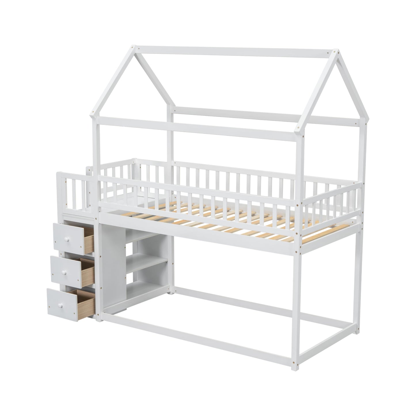 Bellemave Bunk Bed Twin Over Twin, Bunk Bed with Slides and Stairs, House Bunk Bed with roof, Twin bunk Bed for Kids, Teens, Kids bunk beds, White