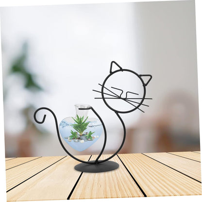 Cat Wrought Iron Vase, Metal Cat Terrarium Vase, Clear Plant Pots, Desk Topper Metal Planter, Household Iron Frame