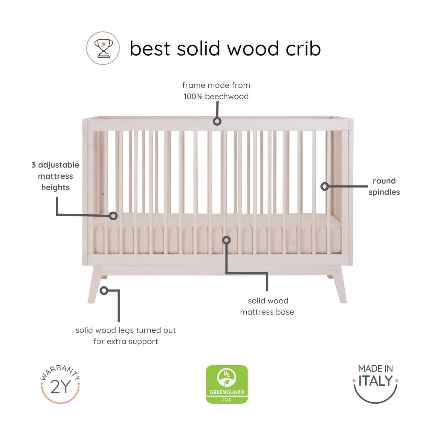 dadada Baby Soho 3-in-1 Convertible Wooden Crib to Toddler Bed - Made in Italy, GREENGUARD Gold Certified, Baby-Safe Finish, Handcrafted Beechwood, Modern Design, 3 Adjustable Heights (Washed Natural)