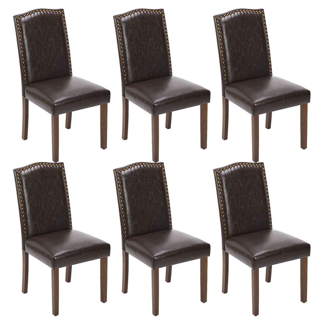 Kitchen Chairs Set of 6 Modern Upholstered Fabric Seat with Nailhead Trim and Ergonomic Lumbar Support for Living Room and Rustic Farmhouse Dining Area, Dark Brown