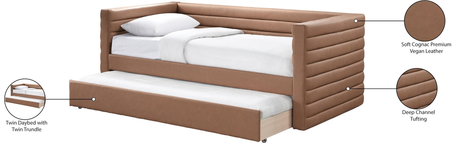 Meridian Furniture BeverlyCognac-T Beverly Collection Modern | Contemporary Twin Daybed with Soft Cognac Premium Vegan Leather, Deep Channel Tufting, Twin Trundle, 87" W x 43.5" D x 34" H, Cognac