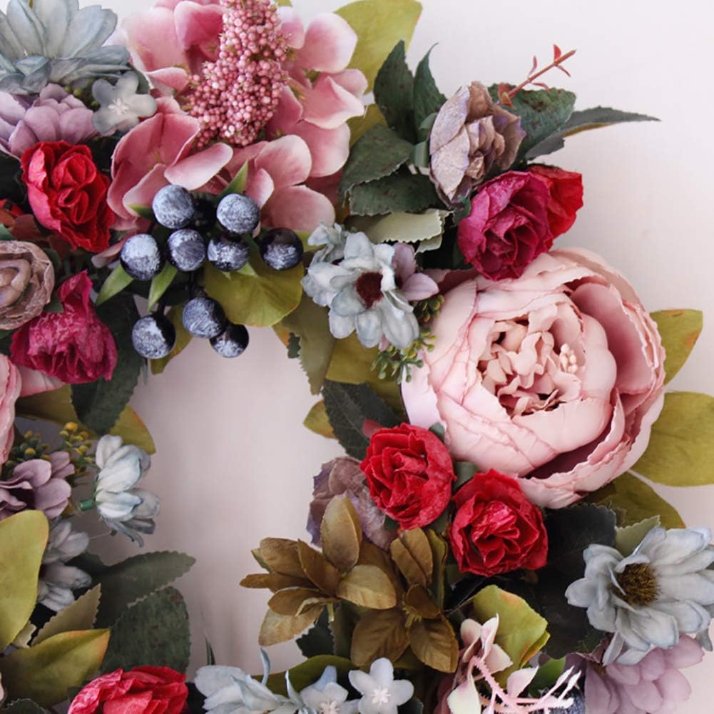 Artificial Rose Peony Flower Wreath, Newest Berry Flower Door Wreath with Green Leaves for Front Door, Wedding, Home