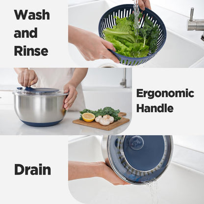 Stainless Steel Salad Spinner, 5.3 Qt Lettuce Spinner with Non-Slip Base, Drain and Stop Button, Fruit and Vegetable Washer and Dryer Spinner