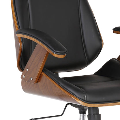 Armen Living Century Office Chair in Black Faux Leather and Walnut Wood, Chrome Finish