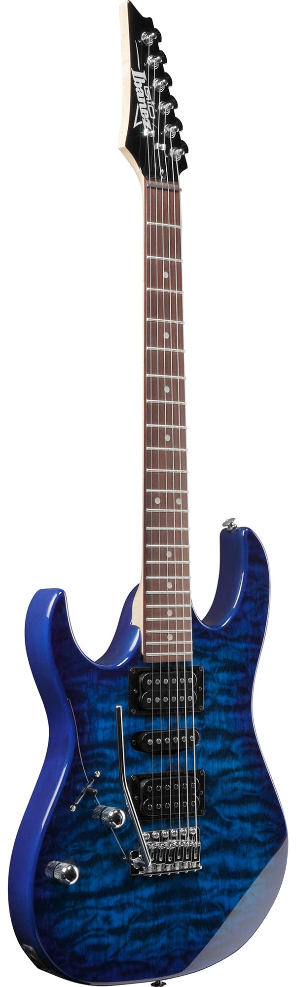 Ibanez GRX70QAL RG Gio Electric Guitar, Left Handed - Transparent Blue Burst Bundle with Amplifier, Gig Bag, Tuner, Cable, Picks, Austin Bazaar Instructional DVD, and Polishing Cloth