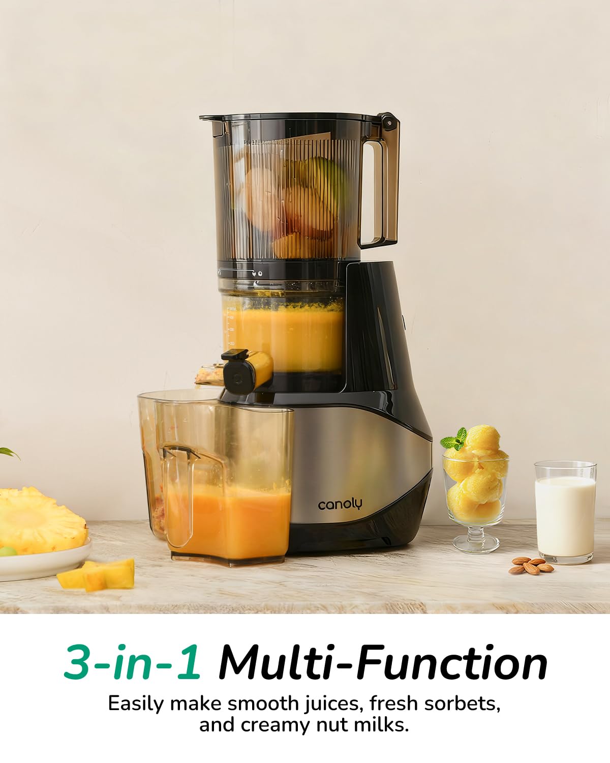 Canoly C09 Cold Press Juicer, 6" Extra Wide Feed Chute, 3-IN-1 Strainers (Juice & Sorbet & Nut Milk), Powerful AC Brushless Motor, Self Precut System, Juicer Machines with BPA-Free (Classic)
