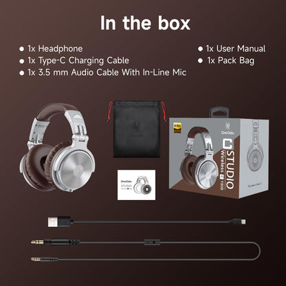 OneOdio Bluetooth Over Ear Headphones, 110 Hrs Wireless/Wired Stereo Sound Foldable Headsets with Deep Bass 50mm Neodymium Drivers for PC/Phone/Tablet - Studio Wireless Pro C, Silver