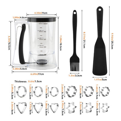 Pancake Batter Dispenser With Squeeze Handle Set, No Mess & Easy Pour, Includes Muffin, Hexagram, Heart and Flower Rings, Pastry Brush and Spatula – Ideal for Pancakes, Waffles and Cupcakes