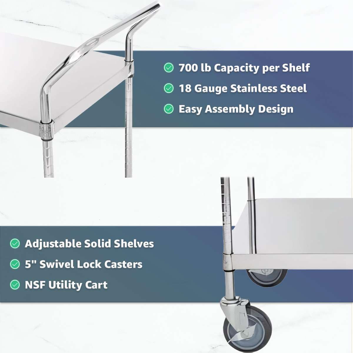 18" x 58" x 37" Stainless Steel Two Shelf Utility Cart - Commercial Heavy-Duty NSF Service Cart with Handles, Storage Rolling Shelving for Warehouse, Office, Food Service