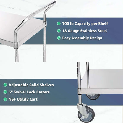 24" x 46" x 37" Stainless Steel Two Shelf Utility Cart - Commercial Heavy-Duty NSF Service Cart with Handles, Storage Rolling Shelving for Warehouse, Office, Food Service