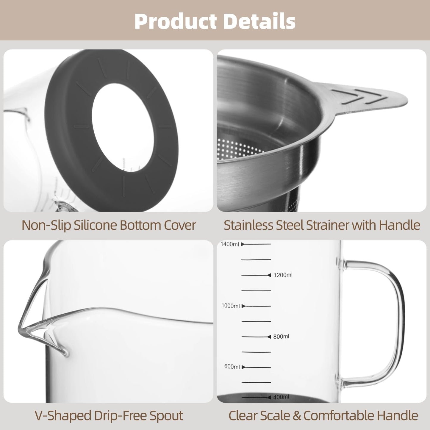 Greek Yogurt Strainer, 50 oz Nut Milk Strainer, Juice Food Strainer, Glass Teapot with Mesh Strainer, Iced Tea Pitcher, 1500 ml Heat & Cold Resistant High Borosilicate Glass Jug with Handle and Lid