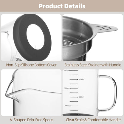 Greek Yogurt Strainer, 50 oz Nut Milk Strainer, Juice Food Strainer, Glass Teapot with Mesh Strainer, Iced Tea Pitcher, 1500 ml Heat & Cold Resistant High Borosilicate Glass Jug with Handle and Lid