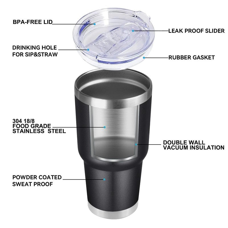 DOMICARE 30oz Tumbler Bulk with Lid and Straw, Double Wall Travel Coffee Mug, Insulated Vacuum Stainless Steel Tumblers, Powder Coated Tumbler Cup (Black, 8)