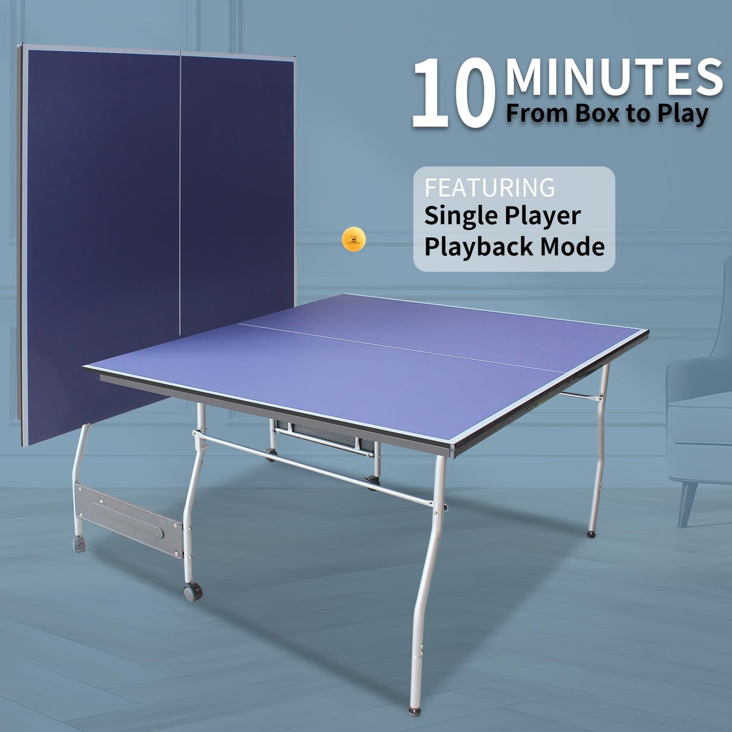Compact Ping Pong Table, 8ft Mid-Size Indoor/Outdoor Table Tennis Game Set, Foldable, Portable Table Tennis Table with Net, 2 Table Tennis Paddles and 3 Balls, Blue