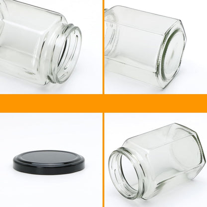 Woaiwo-q 10 oz 20 Pack Honey Jars with Dipper, Hexagon Glass Jars with Black Lids, Wooden Honey Sticks for Baby Shower