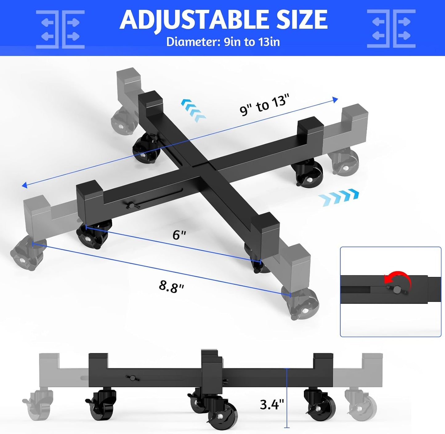 9in 13inch 4 300 Lbs, Plant Caddy With Wheels, Adjustable to Heavy Duty Rolling Plant Dolly, Metal Plant Stand