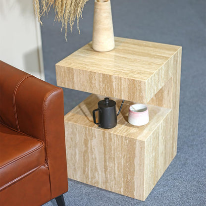 Italian Travertine C-Shaped End Table, Luxurious Natural Stone Coffee Table Suitable for for Living Room Bedroom Bathroom Small Spaces, No Installation Travertine Sofa Table for Modern Home Decor
