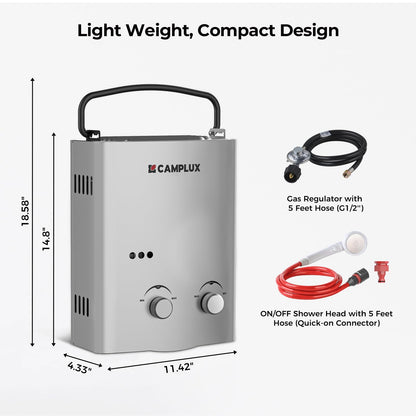CAMPLUX 1.32 GPM Tankless Water Heater Portable, 5L Outdoor Propane Water Heater for Camping Trip with Overheating Protection, AY132G, Gray