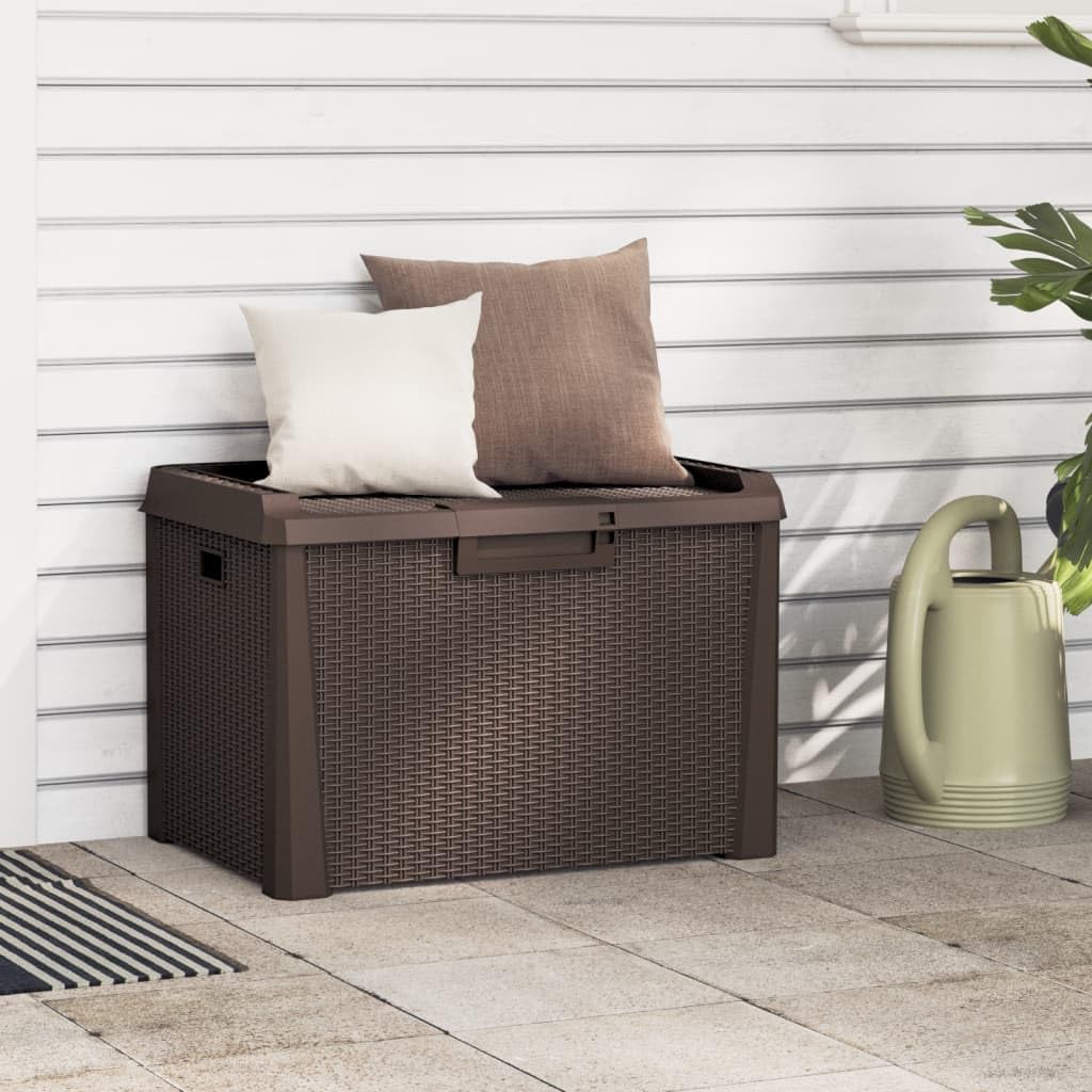 Kalmrek Patio Storage Box Brown 33 gal Polypropylene Resin Wicker Garden Deck Porch Outdoor Storage Chest Bench with Lockable Lid and Gas-Lift Mechanism for Cushion Pillow Tool Organization