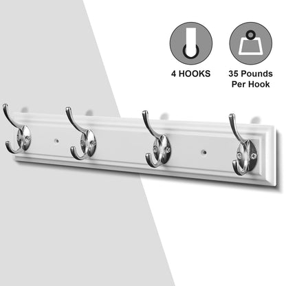 YTJG Coat Rack Wall Mounted White, 17" Wooden Modern Wall Coat Hanger with 4 Hooks, Heavy Duty Zinc Alloy Wall Hook Rack for Hanging Coats, Keys, Bags, Great Touch for Bedroom Bathroom Kitchen