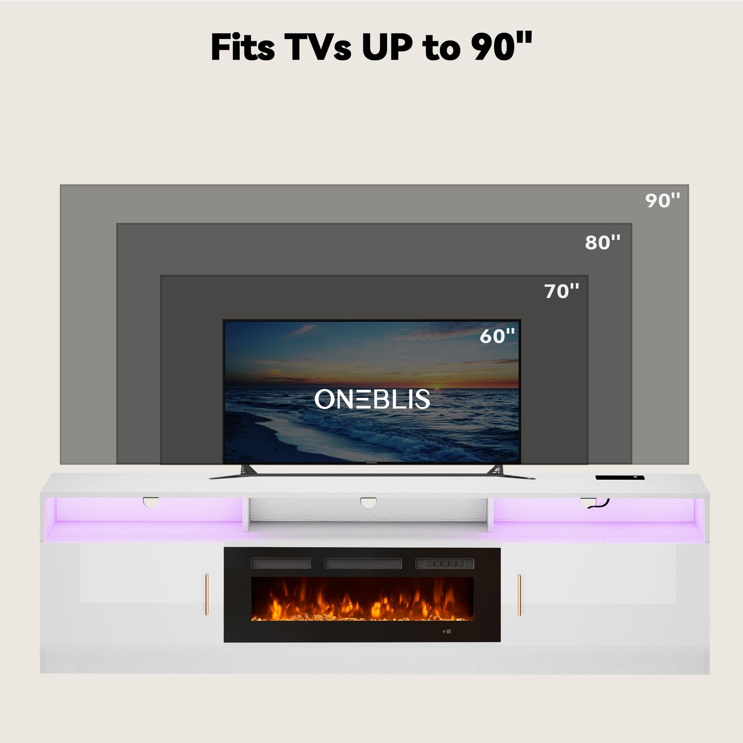 OneBlis 80" Fireplace TV Stand with Power Outlet, Electric Fireplace Entertainment Center with Storage Cabinets, Fits TVs up to 90", TV Console with LED Lights for Living Room, Office, White-Black