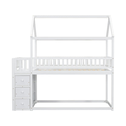 Bellemave Bunk Bed Twin Over Twin, Bunk Bed with Slides and Stairs, House Bunk Bed with roof, Twin bunk Bed for Kids, Teens, Kids bunk beds, White