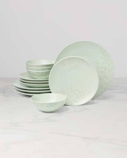 Oneida 897395 Roseto 12-Piece Dinnerware Set, Soft Sage