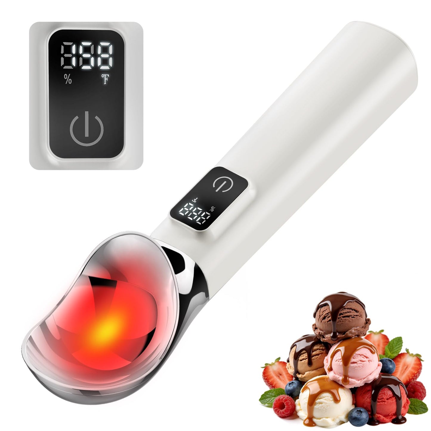 Heated Ice Cream Scoop Rechargeable, 5000mAh Battery Electric Ice Cream Scoop for Hard Icecream and More with LED Display, Self-Warming Heats To 158℉, IP67 Waterproof, Ideal Kitchen Gifts (White)