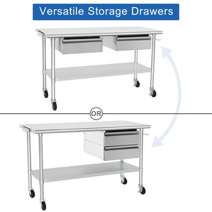 HARDURA Stainless Steel Table with 2 Drawers & Casters, Metel Prep Table with Hook, Tissue Holder and Undershelf 24x60 Inches for Commercial Kitchen Prep