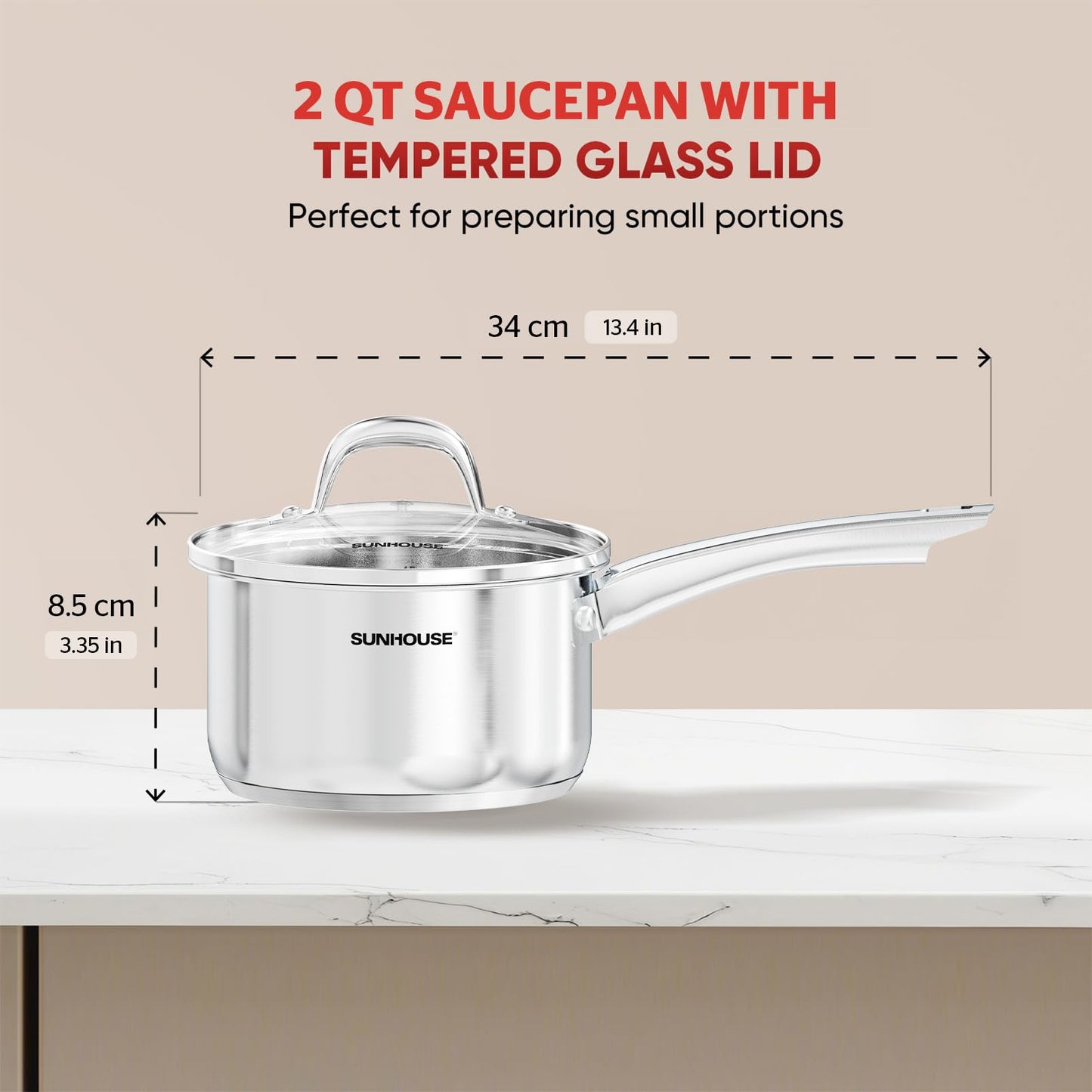 SUNHOUSE – 2 Quarts Stainless Steel Sauce Pan with Lid - PFOA-Free, Stainless Steel Sauce Pan, Advanced Impact Bonding Induction Base, Stay-Cool Handle, Compatible with All Cooktops