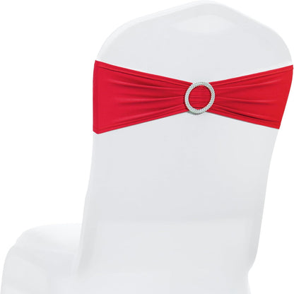 MDS Spandex Chair Sashes - 150 Universal Elastic Stretch Bands with Buckle Slider Bow | Red